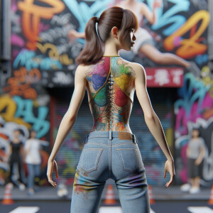 Athletic Thin skinny Attractive, Asian teenage girl, long brown hair and bangs, wearing tight skinny jeans and a halter top paint marks on her clothing, heroic pose Asian graffiti background, backside view