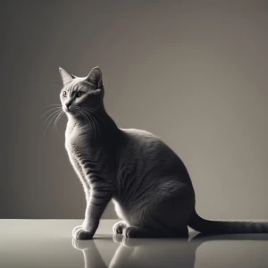 A sleek, short-haired cat seated on a polished surface, its form...