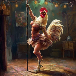 An anthropomorphic hen performing a pole dance inside a coop, mi...