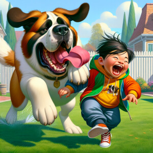 Saint Bernard tackling kid to lick his face