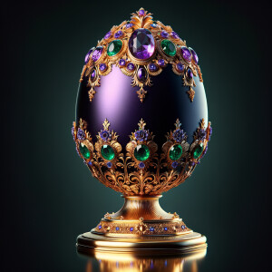 Create an image of an exquisite egg-shaped object, oriented to face the viewer head-on. The design should feature a deep purple base adorned with opulent gold filigree, floral patterns, and encrusted with various jewels such as emeralds, sapphires, and a prominent amethyst. The egg stands regally on a gold pedestal, gleaming with reflective elegance. Its intricate details and rich colors should convey a sense of luxury and royal splendor.