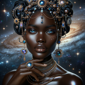 "Create a portrait of a regal African-American woman with an ethereal and cosmic theme. Her skin is a glossy tan brown, with a smooth and flawless finish that reflects light. Her eyes are a striking electric blue, like sapphires, with a makeup that accentuates their shape and the intensity of their color. Her hair is styled into an intricate array of braids, coils, and twists that cascade down and frame her face, adorned with beads and jewels that catch the light. She wears an elaborate headdress made of swirling patterns and motifs that evoke the mysteries of the universe, studded with shimmering stones and intricate enamel work in hues of blue and gold. Her attire consists of a cascade of layered necklaces and a majestic, shoulder-grazing earring, each piece detailed with a mix of precious stones, metals, and intricate beadwork. The background is a tapestry of stars and nebulas, suggesting a connection to the cosmos. Her pose is serene, with a hand gracefully touching her chin, adorned with rings that complement her other jewelry, all coming together to suggest an aura of wisdom and grace."