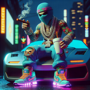 Kirby character as a new wave rapper with flashy attire, oversiz...