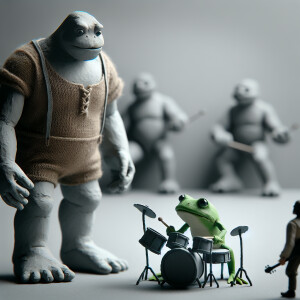 giant and a frog playing the drums