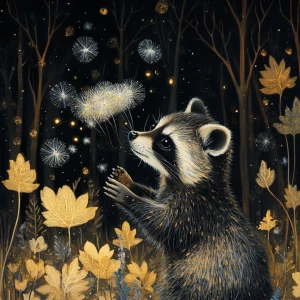 Raccoon blowing on dandelion seeds in forest among forest friend...