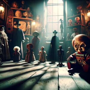 "Imagine a detailed, horror-inspired scene featuring a miniature...