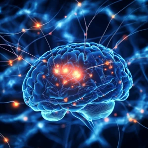 Illustrate a human brain with neurons illuminated and actively f...