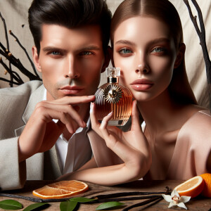 Young woman and man holding up-close of their face a bottle of p...