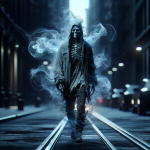 A hyper-realistic UHD image featuring "Death” wearing  tattered...