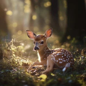 A delicate baby deer (fawn) nestled in a serene forest clearing,...