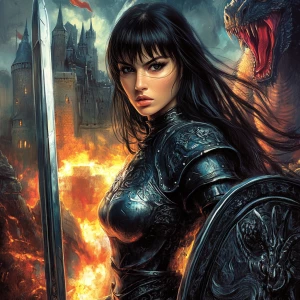 Design an image featuring a stoic female knight in medieval armor, posing heroically with a sword, against a backdrop of a fire-breathing dragon and a majestic castle. She has long, straight black hair with bangs, dark expressive eyes emphasized by eyeliner and eyeshadow, and arched, well-defined eyebrows. Her fair to medium skin tone is complemented by a warm, friendly smile with dimpled cheeks, a straight, well-proportioned nose, and full lips. The knight brandishes a shield, defending against the dragon's fiery onslaught, embodying the essence of a brave warrior engaged in battle.