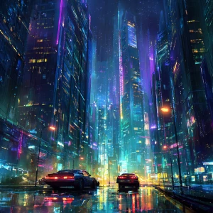 Visualize a futuristic neon-lit cityscape at night, featuring to...