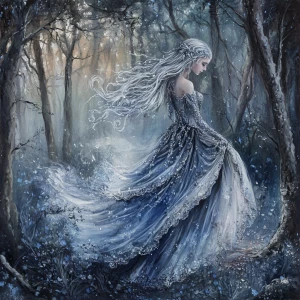 A melancholic yet enchanting figure, a spectral maiden with shim...