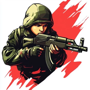 Logo of russian kid soldier in modern military attire, holding a...
