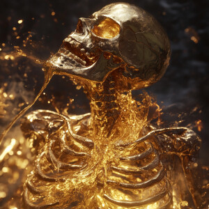 A detailed and realistic depiction of a golden skeleton oozing m...