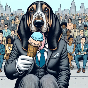 Create a comic style drawing of an old, gray Bassett hound dog w...
