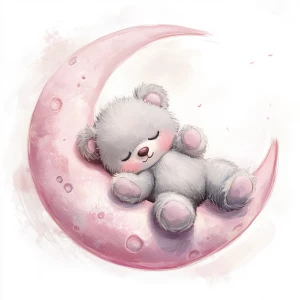 A cute, cartoon teddybear lies on a stylized, rosy-pink crescent moon. The teaddy bear is light gray with large, round, pink-spotted ears.  Its body is round and he has expressive eyes.  its facial expression is happy and friendly. The teddy bears leg and foot are visible, and its posture is relaxed, slumped in the curve of the moon. it's stomach is lying down on the moon with left arm and leg showing hanging down. The moon is a soft, shaded pink, with watercolor-like texture and subtle shading. The background is white. The image is in a child-friendly style, showcasing delicate line work and color palettes. The composition is centered on the teddy bear which is positioned on the moon, giving the moon a hug with closed eyes. The overall style is sweet, whimsical, and reminiscent of children's book illustrations.  The colors are pastel and soothing, creating a gentle atmosphere.