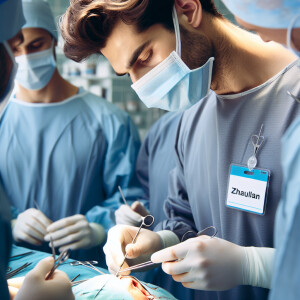 Doctor, a man, surgery who makes an operation to people’s nose a...