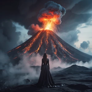 A futuristic portrait of a lands cape of an erupting volcano. Th...