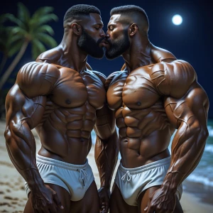 Two muscular men black bodybuilders, beard shirtless and wearing...