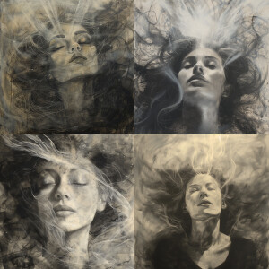 A serene impressionist charcoal portrait of a woman with her eye...