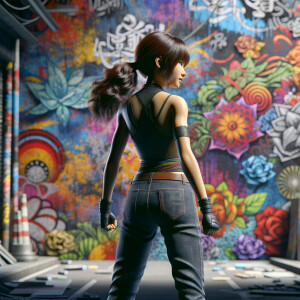 Athletic Thin skinny Attractive, Asian teenage girl, long brown hair and bangs, wearing tight skinny jeans and a halter top paint marks on her clothing, heroic pose Asian graffiti background, backside view