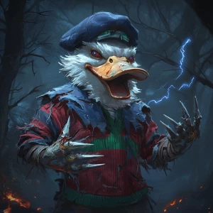 Anthropomorphic duck character in a dark, haunted forest, glowin...