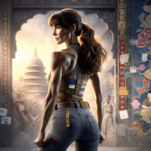 Athletic Thin skinny Attractive, Asian teenage girl, long brown hair and bangs, wearing tight skinny jeans and a halter top paint marks on her clothing, heroic pose Asian graffiti background, backside view