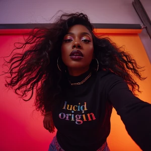 A Black female model wearing a stylish top with "Lucid Origin" p...