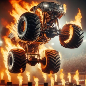 A monster truck performing a dramatic jump over a line of flaming barrels. The truck’s detailed suspension and thick treaded tires are illuminated by the fiery glow below, and the crowd roars in the background, their faces lit up by the flames.