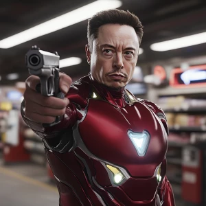 Elon Musk as Iron Man with Christmas style. elon pointing a gun...