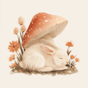 Cute fluffy rabbit sleeping peacefully under large spotted mushr...