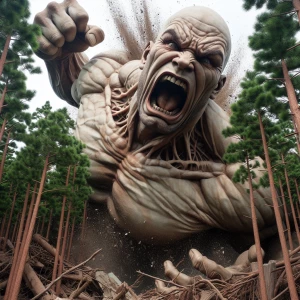 Create a hyper-realistic image depicting a colossal, bald giant,...