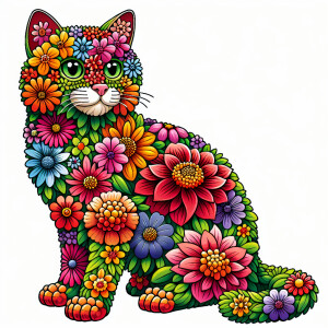 Imagine a cartoon of a cat with a body covered in a vibrant arra...