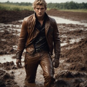 Alex Pettyfer in a muddy leather jeans emerging from mud