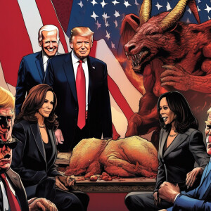 Donald Trump and Joe Biden and Kamala Harris meeting with Satan