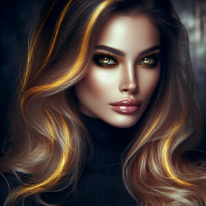 Head shot of a beautiful woman with bright golden eyes and long...