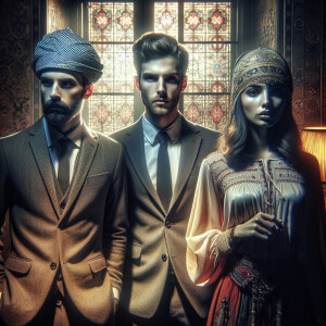 Two men and one woman are standing in a room in which the window...