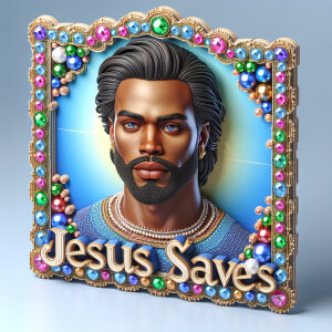 A 3D realistic artwork featuring the phrase 'Jesus Saves' adorne...
