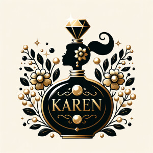 Design a fancy, black and gold bottle of perfume in the shape of a woman’s body. With a golden diamond top, flowers pearls and Diamonds in the name, Karen