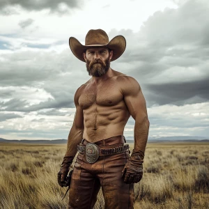 photograph of a muscular, bearded man, wearing a brown cowboy ha...