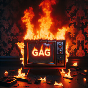 A tube TV on fire with the word “GAG” flashing on the screen in...