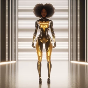 Capture a wide camera angle of a superheroine standing in an emp...
