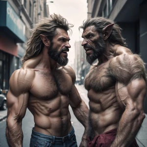 Muscle hairy lycan guy showing offA homeless man, looking at str...