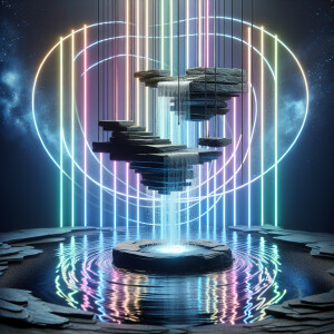 Design an image that depicts an ethereal floating waterfall foun...