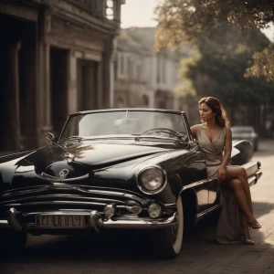 “A black-and-white portrait of a boxum woman leaning on a classi...