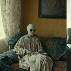 A genderless pale alien sits on a couch with a wide bottomless h...
