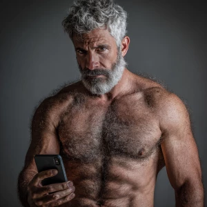 The image shows a middle-aged man with a muscular, hairy physiqu...