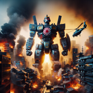 Japan as a transformer character, rising sun emblem embedded on...