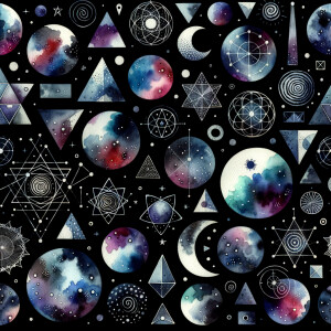 A black background with watercolor designs scattered around, sca...